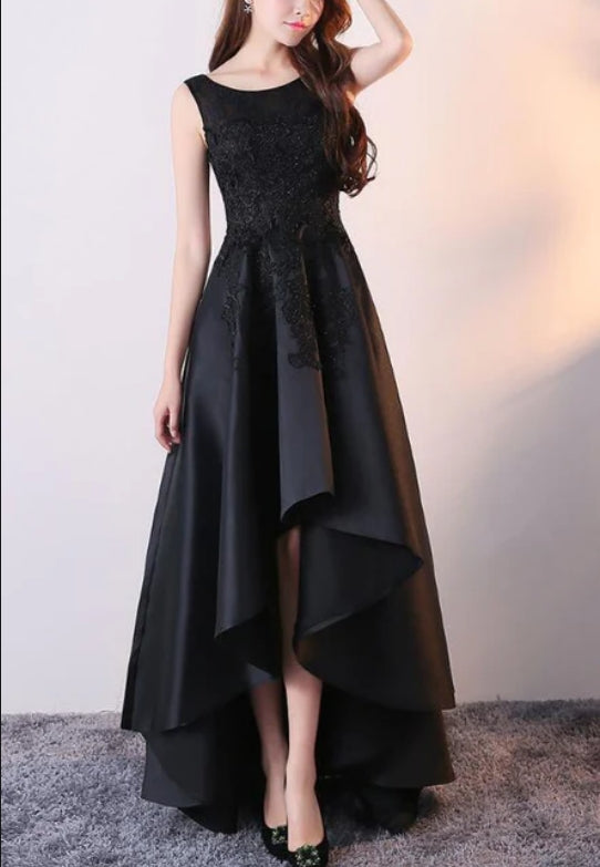 Luolandi Black Satin with Lace High Low Prom Dress Fashionable Homecoming Dress Elegant Evening Dress